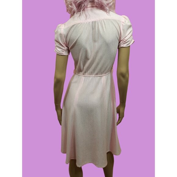 Vintage 70s 80s Pastel Pink Short Sleeve Button Front Dress Bows Size S Coquette - Picture 6 of 6